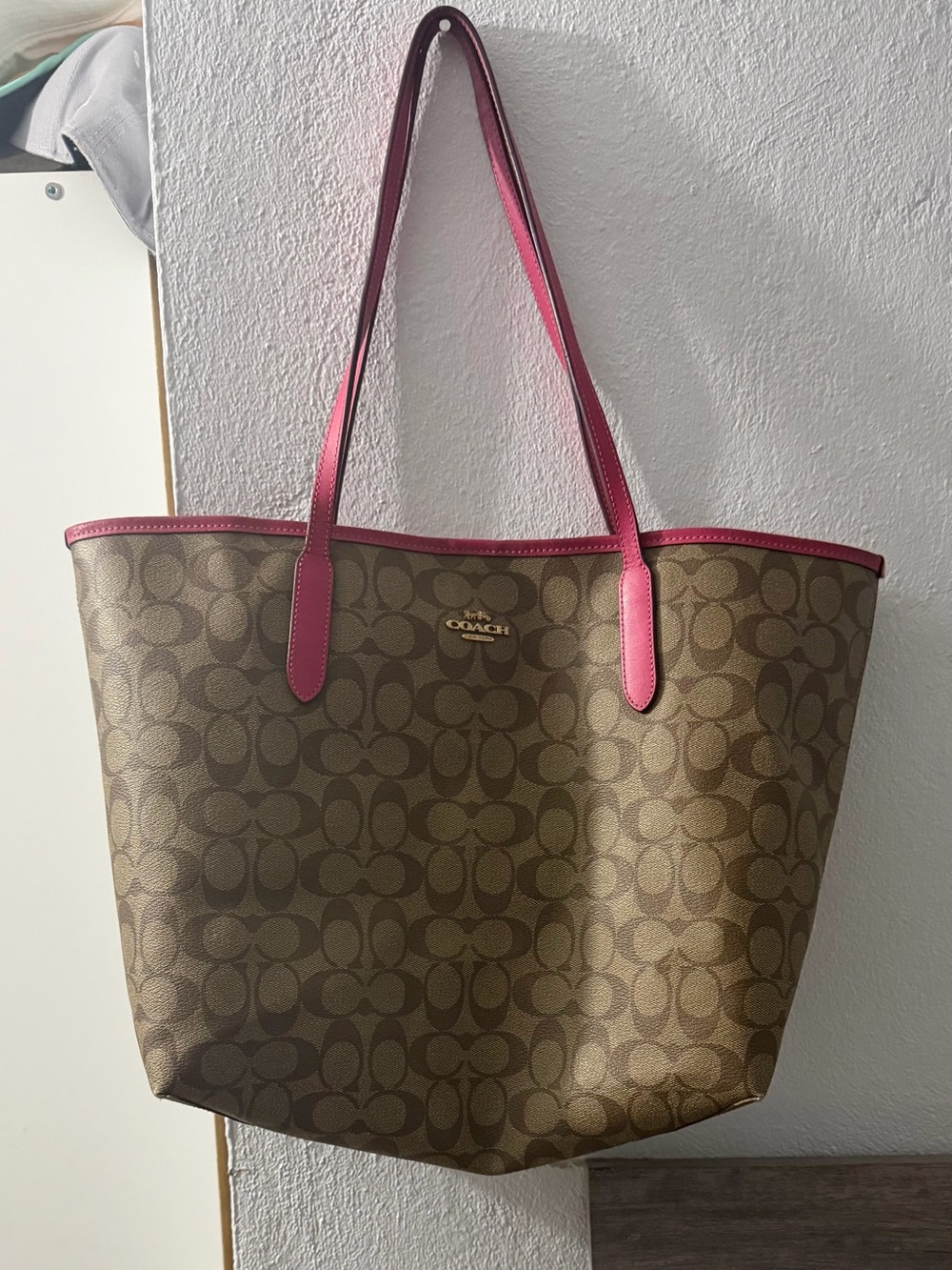 Coach Brown Signature Tote with Pink Trim